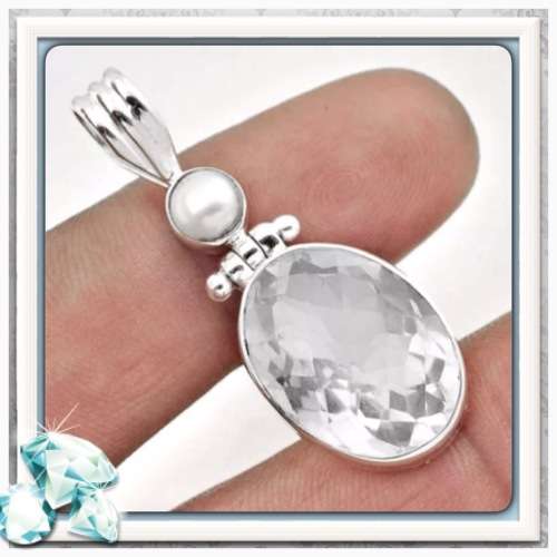 ***BEAUTIFUL SPARKLING*** NATURAL WHITE TOPAZ, WHITE PEARL PENDANT .925 SOLID STERLING SILVER