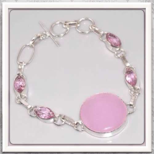 ***ENCHANTING ONE OF A KIND***FEMININE PINK CHALCEDONY, PINK QUARTZ  .925 SILVER BRACELET
