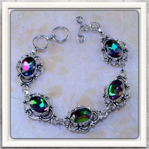 ***AWESOME FIND*** HANDMADE FACETED RAINBOW MYSTIC TOPAZ GEMSTONE  .925 SILVER  BRACELET