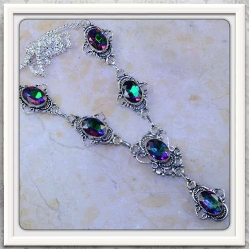 ***INCREDIBLY BEAUTIFUL*** HANDMADE FACETED RAINBOW MYSTIC TOPAZ GEMSTONE  .925 SILVER NECKLACE