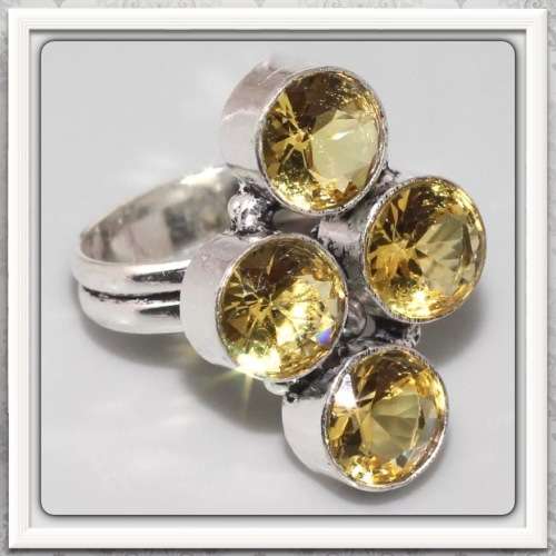 **BEAUTIFUL ***FACETED ROUNDS SHAPE CITRINE GEMSTONE .925  SILVER RING SIZE 7.5