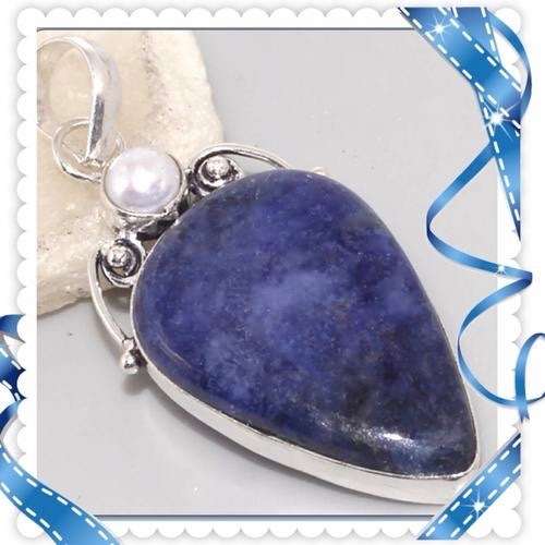 ***BEAUTIFUL ***NATURAL SODALITE , PEARL GEMSTONE  .925 SILVER PENDANT