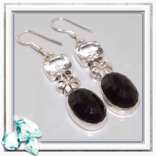 ***VERSATILE ELEGANCE ***HANDMADE NATURAL BLACK ONYX, WHITE QUARTZ & .925 SILVER EARRINGS