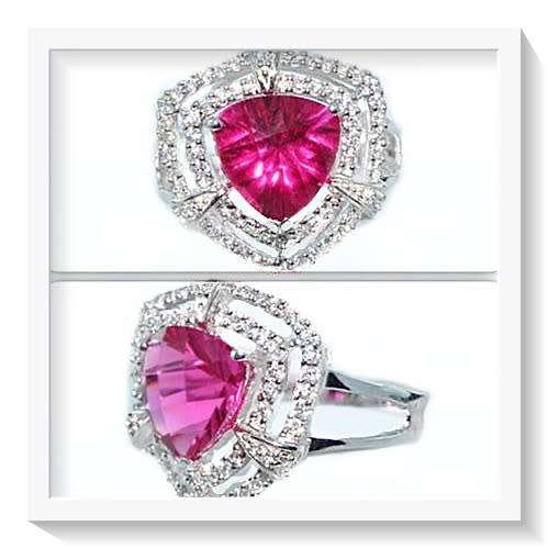 4.68 CTS TRILLION CUT PINK TOPAZ WHITE SPINEL SOLID .925 SILVER RING SIZE 7.25