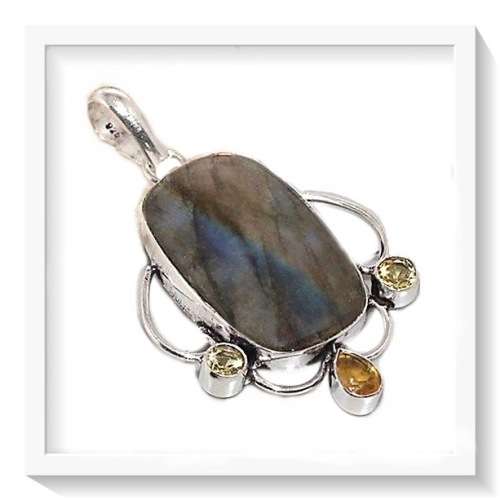 VICTORIAN SETTING NATURAL FIERY LABRADORITE , CITRINE GEMSTONE  .925 SILVER  PENDANT