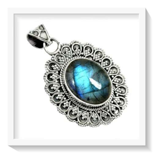 10.85 CTS NATURAL BLUE FIRE LABRADORITE SOLID .925 SILVER STERLING PENDANT