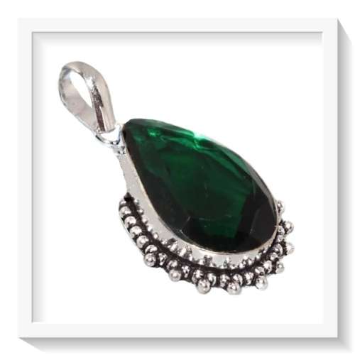 EXQUISITE WATER DROP SHAPE NATURAL EMERALD QUARTZ GEMSTONE 925 SILVER PENDANT