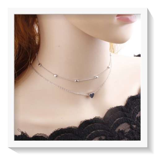 BEAUTIFUL HEART AND BALL DOUBLE CHAIN SILVER CHOKER NECKLACE