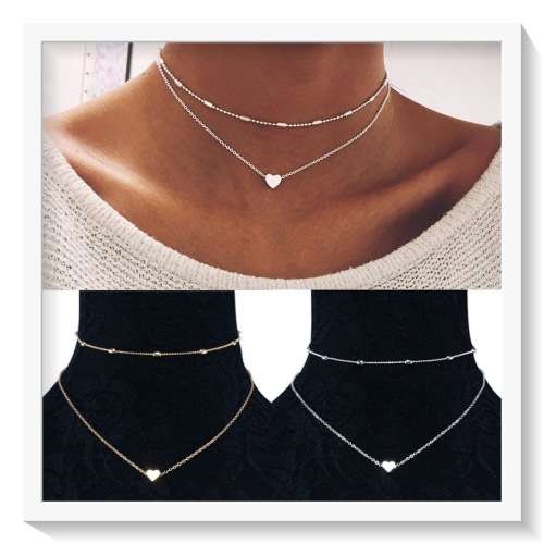 BEAUTIFUL HEART AND BALL DOUBLE CHAIN SILVER CHOKER NECKLACE