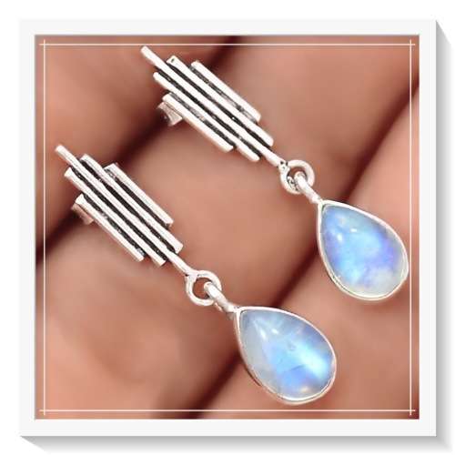 NATURAL RAINBOW MOONSTONE GEMSTONE SOLID .925  SILVER EARRINGS