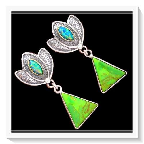 TWO TONE LOTUS  GREEN MOHAVE TURQUOISE GEMSTONES SOLID .925 SILVER EARRINGS