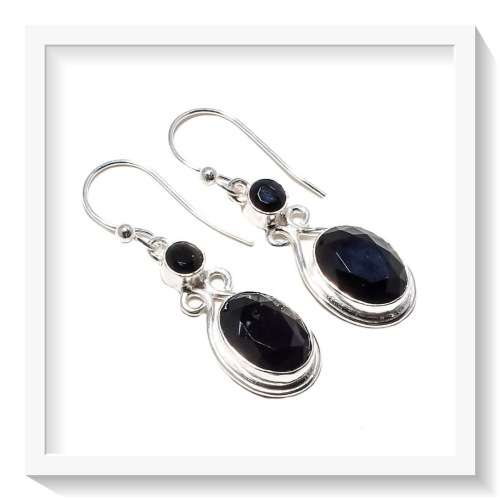 HANDMADE DANGLE NATURAL FACETED BLACK ONYX  & .925 SILVER EARRINGS