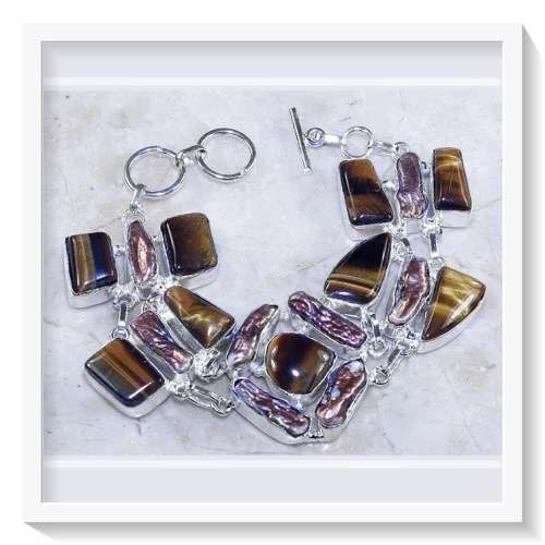 ASSORTED SHAPES NATURAL TIGERS EYE, BIWA PEARL GEMSTONES SILVER BRACELET