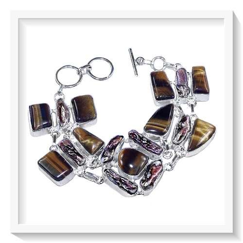 ASSORTED SHAPES NATURAL TIGERS EYE, BIWA PEARL GEMSTONES SILVER BRACELET