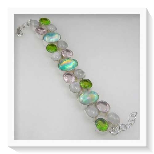 RAINBOW AQUA/PINK FIERY TOPAZ MULTI GEMSTONE .925 SILVER BRACELET