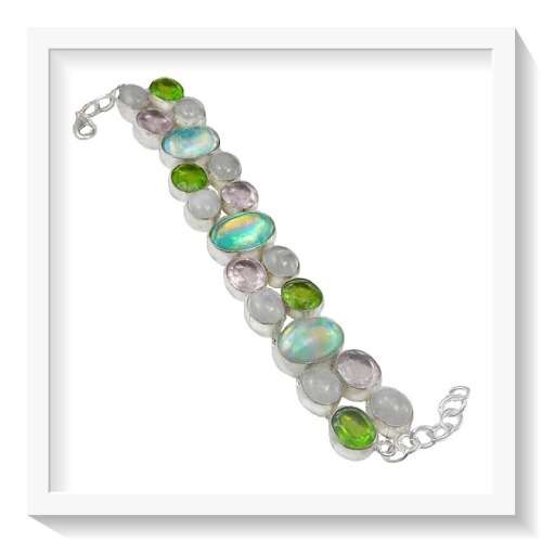 RAINBOW AQUA/PINK FIERY TOPAZ MULTI GEMSTONE .925 SILVER BRACELET