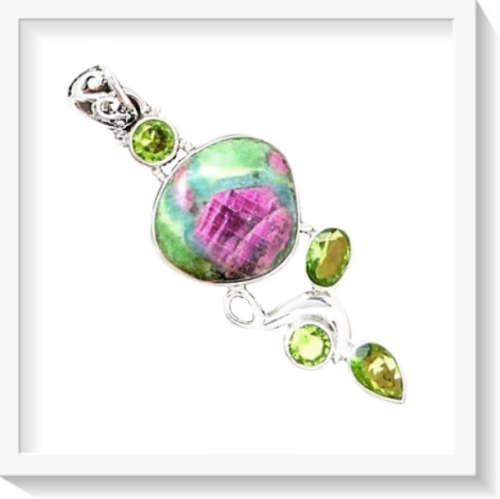 REMARKABLE NATURAL PERIDOT, RUBY IN FUCHSITE PENDANT SET IN SOLID .925 STERLING SILVER