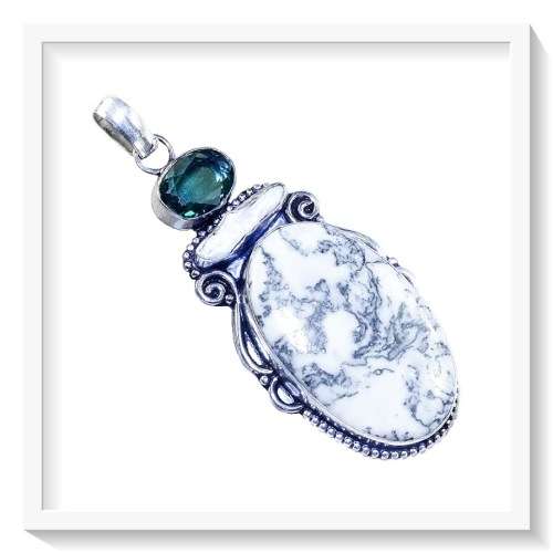 NATURAL DENDRITIC OPAL, BIWA PEARL ,GREEN AMETHYST.925 STERLING SILVER PENDANT