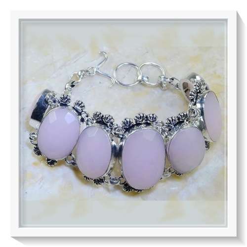 BREATHTAKING FACETED ROSE QUARTZ OVALS SILVER BRACELET