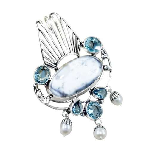 SPECTACULAR NATURAL DENDRITIC OPAL, BLUE TOPAZ, PEARL .925  SILVER PENDANT