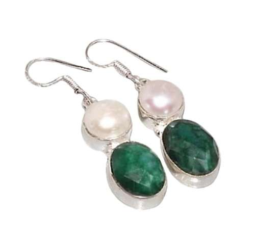 NATURAL INDIAN EMERALD QUARTZ, PEARL GEMSTONE .925 SILVER  EARRINGS
