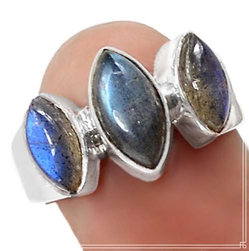 Captivating Marquise Stones Natural Blue Fire Labradorite Solid .925 Sterling Silver Ring Size 8