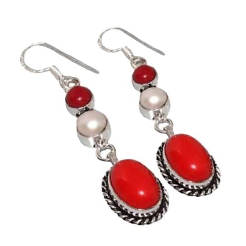 STUNNING HANDMADE LONG RED CORAL, PEARL  .925  SILVER EARRINGS