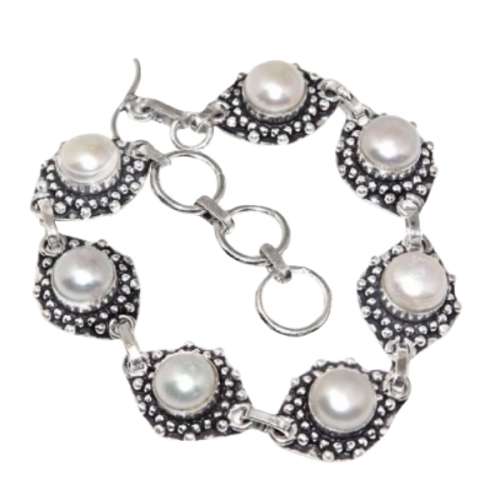 VICTORIAN INSPIRED WHITE PEARL , .925  STERLING SILVER BRACELET