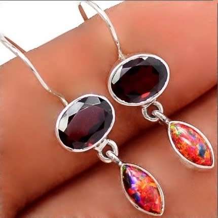 GARNET AND FIERY OPAL GEMSTONE EARRINGS, SOLID .925  SILVER