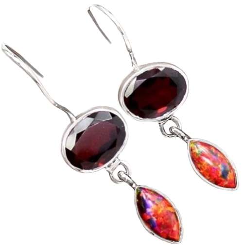 GARNET AND FIERY OPAL GEMSTONE EARRINGS, SOLID .925  SILVER