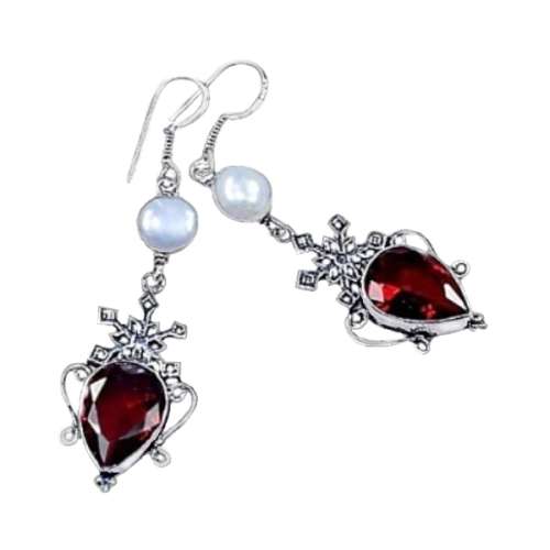EYE CATCHING GARNET, PEARL GEMSTONE EARRINGS .925 STERLING SILVER