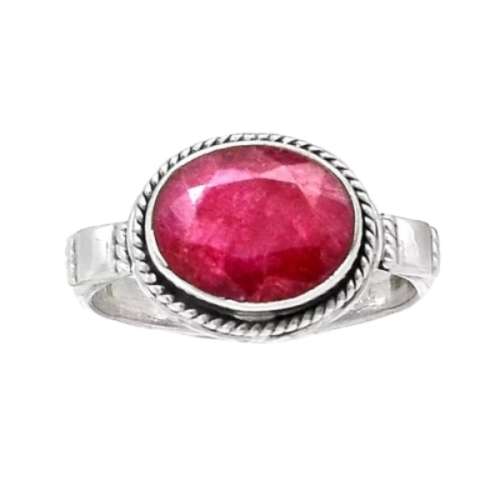 FACETED INDIAN RUBY OVAL SOLID .925 STERLING SILVER RING SIZE 7.5