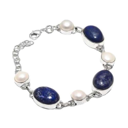 Sophisticated Natural Lapis Lazuli, Pearl Gemstone .925 Silver Bracelet