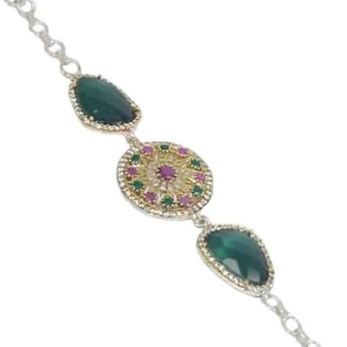 TURKISH FACETED EMERALD, RUBY, ZIRCONIA GEMSTONE .925 SILVER, SOLID BRASS BRACELET