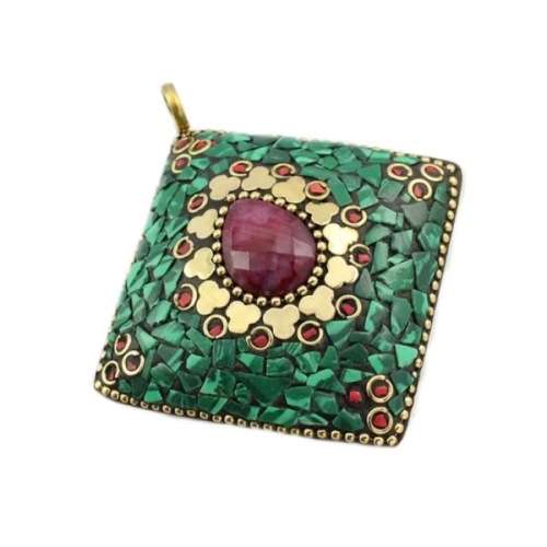 NATURAL NEPALESE RUBY, CORAL, MALACHITE GEMSTONE PENDANT