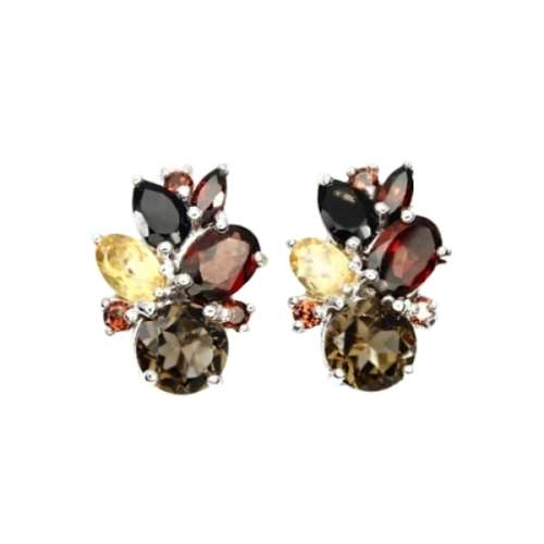 32.2 cts NATURAL SMOKY QUARTZ, GARNET, CITRINE .925 STERLING SILVER EARRINGS