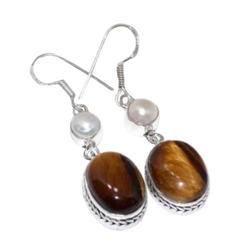 NATURAL TIGERS EYE GEMSTONES .925 SILVER EARRINGS
