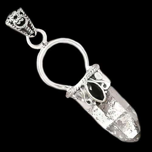 Natural Herkimer Diamond and Black Onyx set in Solid .925 Sterling Silver Pendant