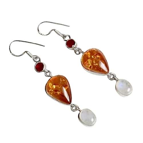 Gorgeous Pressed Amber, Quartz, Rainbow Moonstone Gemstone In .925 Silver Earrings