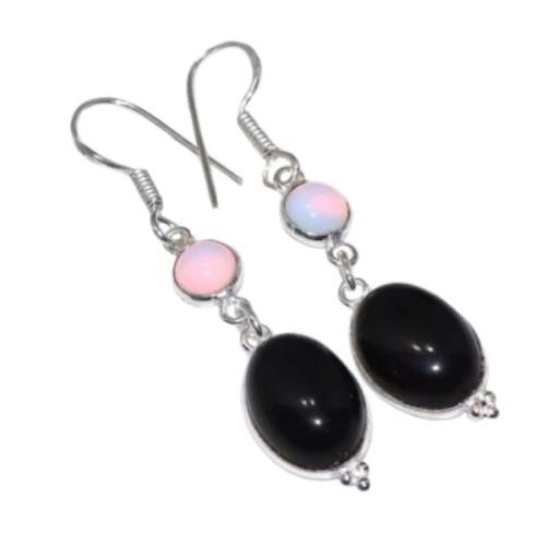 HANDMADE DANGLE NATURAL BLACK ONYX  & FIERY OPALITE  .925 SILVER EARRINGS