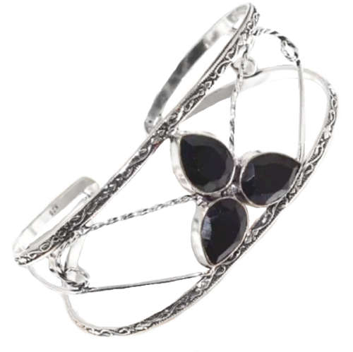 HANDMADE NATURAL FACETED BLACK ONYX  GEMSTONE .925 SILVER CUFF BANGLE