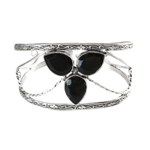 HANDMADE NATURAL FACETED BLACK ONYX  GEMSTONE .925 SILVER CUFF BANGLE