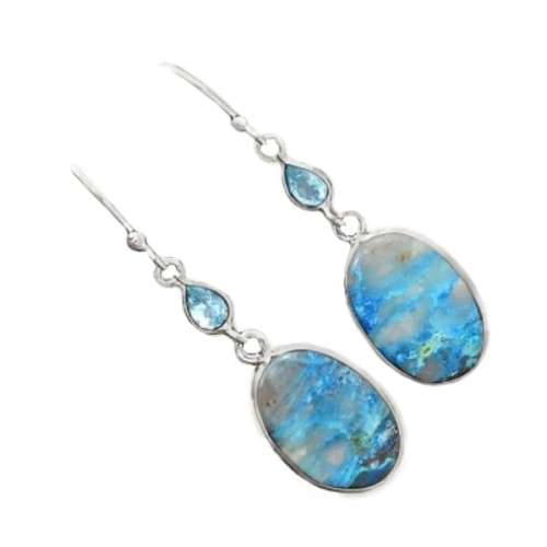 Breathtaking Natural Lightning Azurite in Quartz, Blue Topaz Solid .925 Sterling Silver Earrings