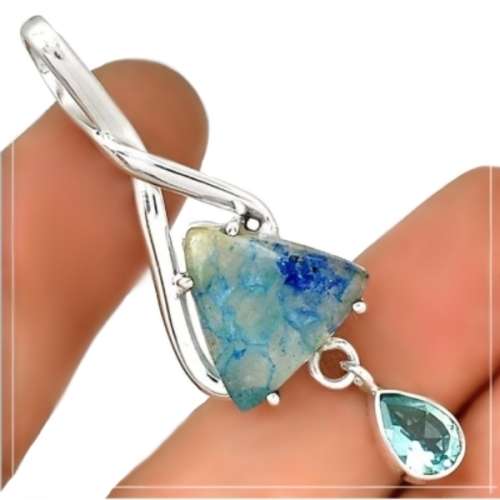 BREATHTAKING NATURAL LIGHTNING AZURITE WITH QUARTZ, BLUE TOPAZ SOLID .925 STERLING SILVER PENDANT