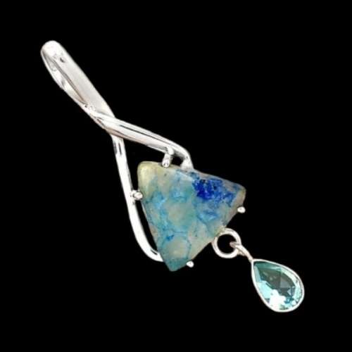 BREATHTAKING NATURAL LIGHTNING AZURITE WITH QUARTZ, BLUE TOPAZ SOLID .925 STERLING SILVER PENDANT
