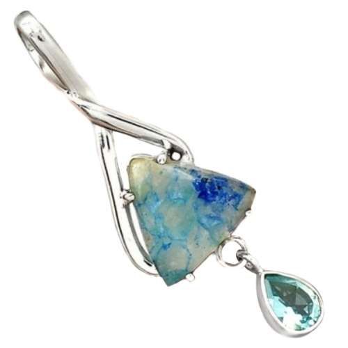 BREATHTAKING NATURAL LIGHTNING AZURITE WITH QUARTZ, BLUE TOPAZ SOLID .925 STERLING SILVER PENDANT