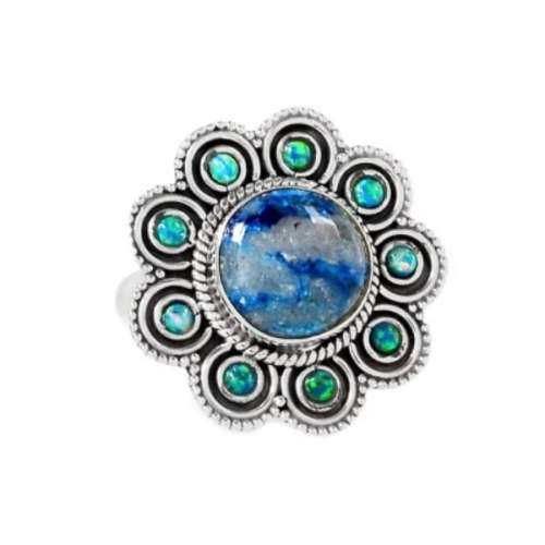 BREATHTAKING STONE NATURAL LIGHTNING AZURITE IN QUARTZ,FIRE OPAL SOLID .925 STERLING  RING SIZE 7