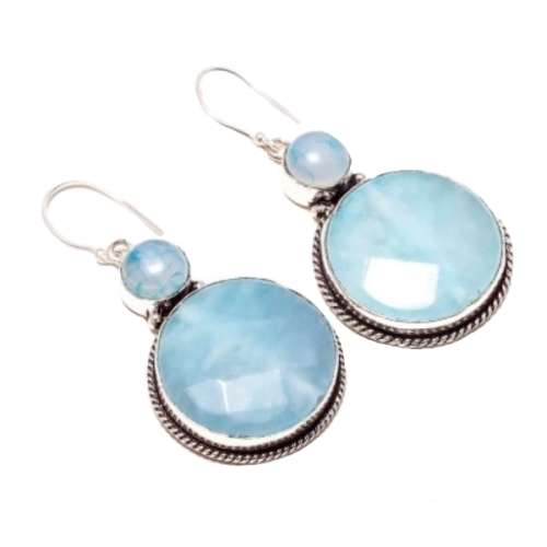 HANDMADE AQUA CHALCEDONY DANGLE .925 SILVER EARRINGS