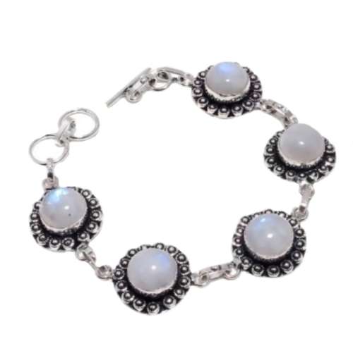 NATURAL RAINBOW MOONSTONE GEMSTONE .925  SILVER BRACELET