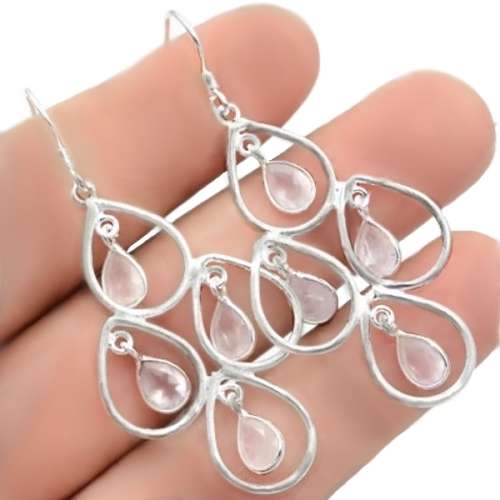 Beautiful Natural Pink Rose Quartz Solid .925 Sterling Silver Earrings